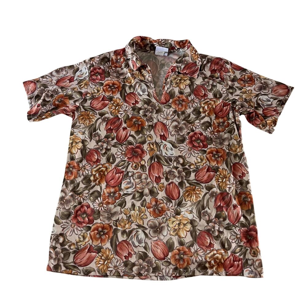 Vtg Y2K 2000s Orange Floral Sketch Pullover Polo Top Sz L Boho Cottagecore